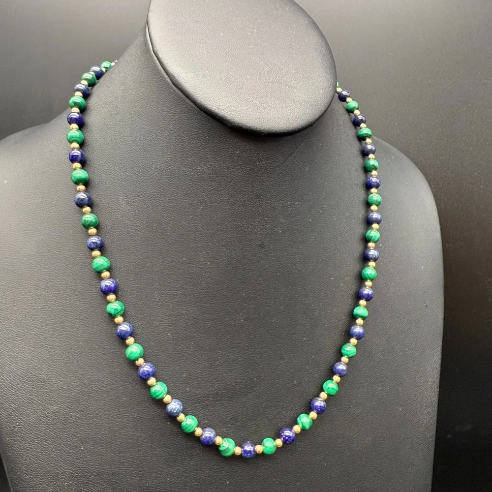 💚💙 Vintage Malachite & Lapis Bead Necklace 14/20 Gold Filled Clasp‎ 18